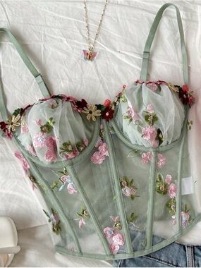 SHEIN Sage Green Floral Embroidered Mesh Corset Bralette